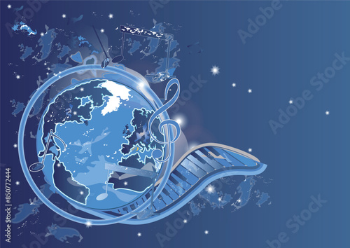 Abstract musical design with a treble clef and Planet Earth, colorful splashes, notes and waves.  Planet musicf. Hand drawn vector illustration.