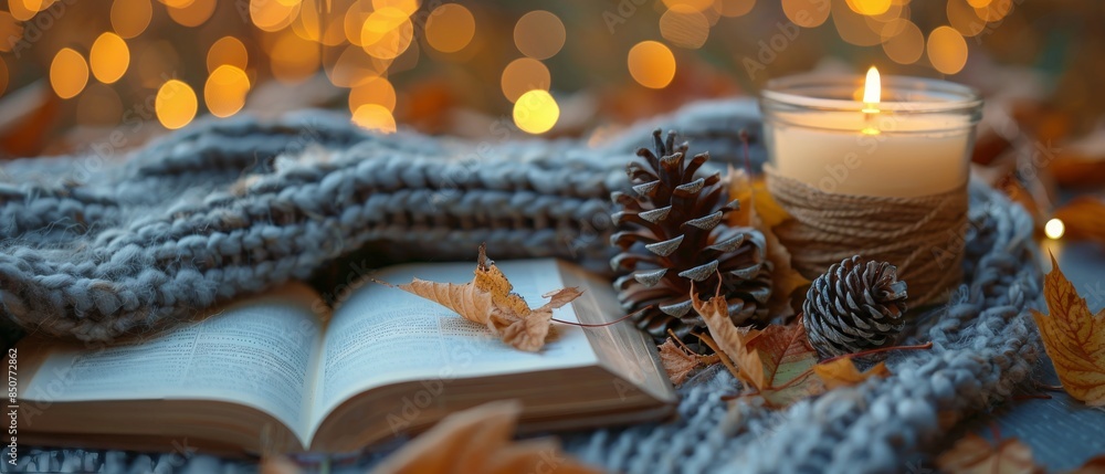 Cozy Autumn Evening With a Lit Candle and Open Book Cozy Autumn Evening With a Lit Candle and Open Book