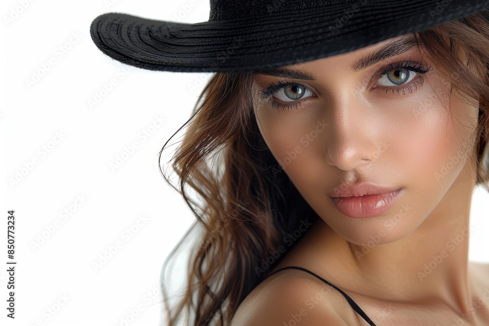 Close-Up Portrait of Woman in Black Hat
