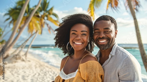 smiling african american couple embracing each other on the beach