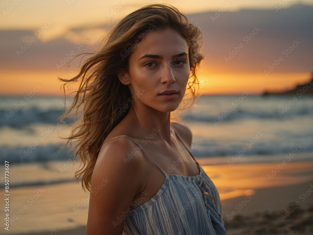 Portrait photo of a gorgeous woman on the beach at sunset Portrait photo of a gorgeous woman on the beach at sunset
