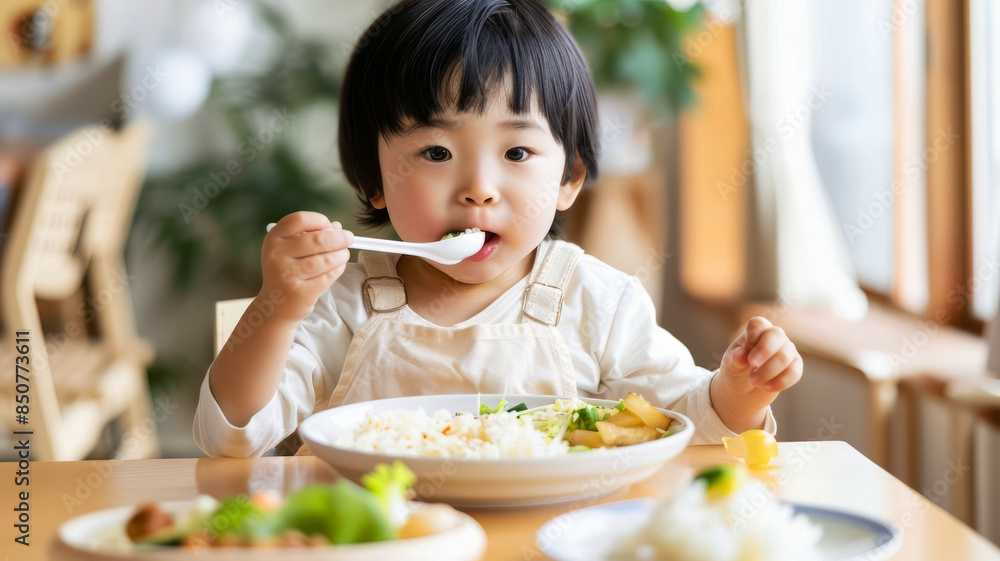 Asian child eating in the living room, enjoying a healthy meal, illustrating family and nutrition Asian child eating in the living room, enjoying a healthy meal, illustrating family and nutrition