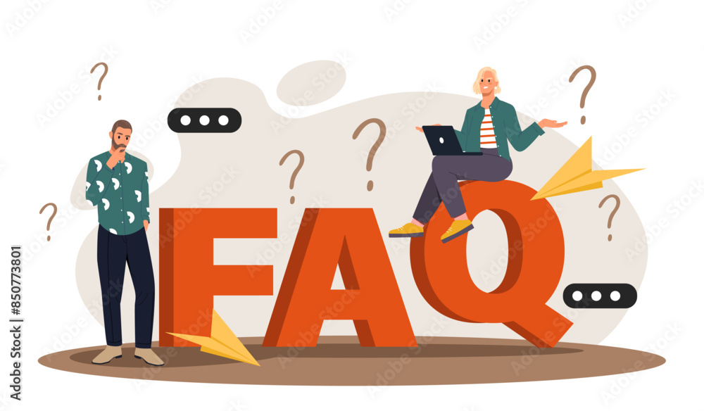 Obraz premium Frequently asked questions. Man and woman looking for answers to questions. Customer consultation and technical support. Online guidebook and manual. Cartoon flat vector illustration