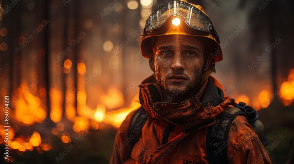 Solemn firefighter with helmet in a burning forest, conveying the seriousness of wildfires Solemn firefighter with helmet in a burning forest, conveying the seriousness of wildfires