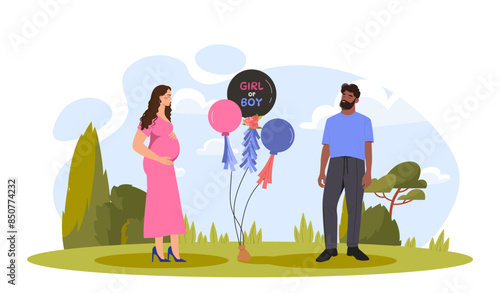Gender reveal party. Man and woman stand near blue and pink balloons. Future parents expecting newborn and baby. Girl or boy. Cartoon flat vector illustration isolated on white background