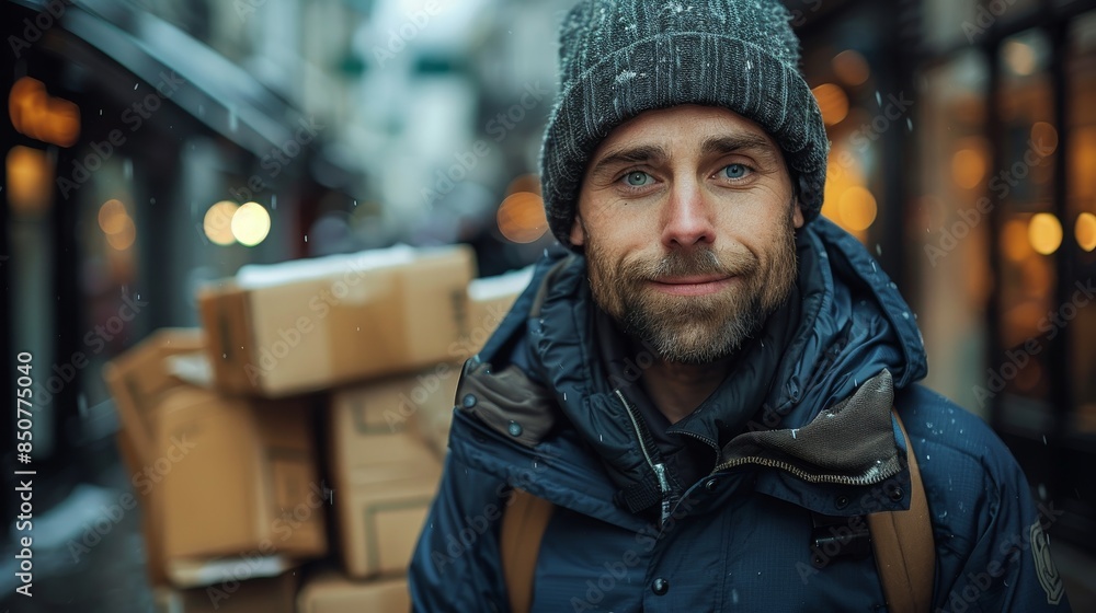 A bearded man wearing winter attire carries cardboard packages on a snowy city street A bearded man wearing winter attire carries cardboard packages on a snowy city street