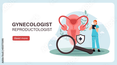 Gynecologist reproductologist poster. Woman in medical uniform with magnifying glass stands near uterus. Landing webpage design. Cartoon flat vector illustration isolated on white background photo