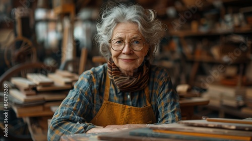 A senior woman with gray hair and glasses smirks warmly in a well-equipped woodworking shop