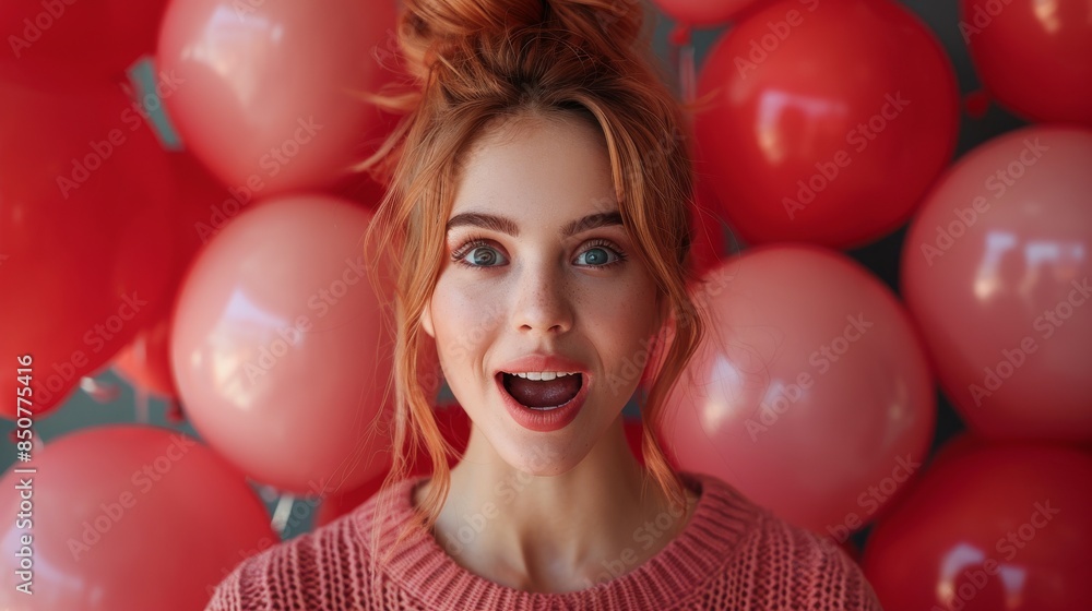 A jubilant redhead woman with a playful expression is surrounded by a sea of red balloons A jubilant redhead woman with a playful expression is surrounded by a sea of red balloons