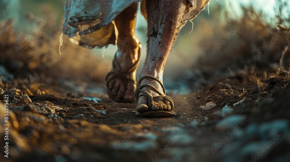 Close-Up of Jesus' Feet Walking on Dirt Path
Close-Up of Jesus' Feet Walking on Dirt Path