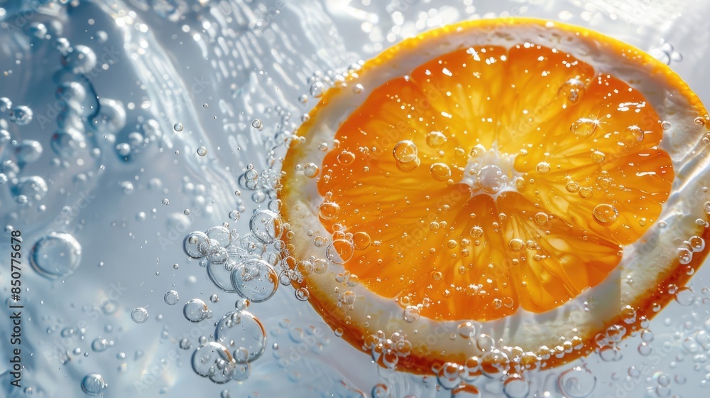 Close up of a vibrant orange slice on a white backdrop submerged in sparkling water Macro shot in a horizontal orientation Close up of a vibrant orange slice on a white backdrop submerged in sparkling water Macro shot in a horizontal orientation