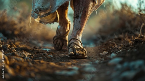 Close-Up of Jesus' Feet Walking on Dirt Path

 photo