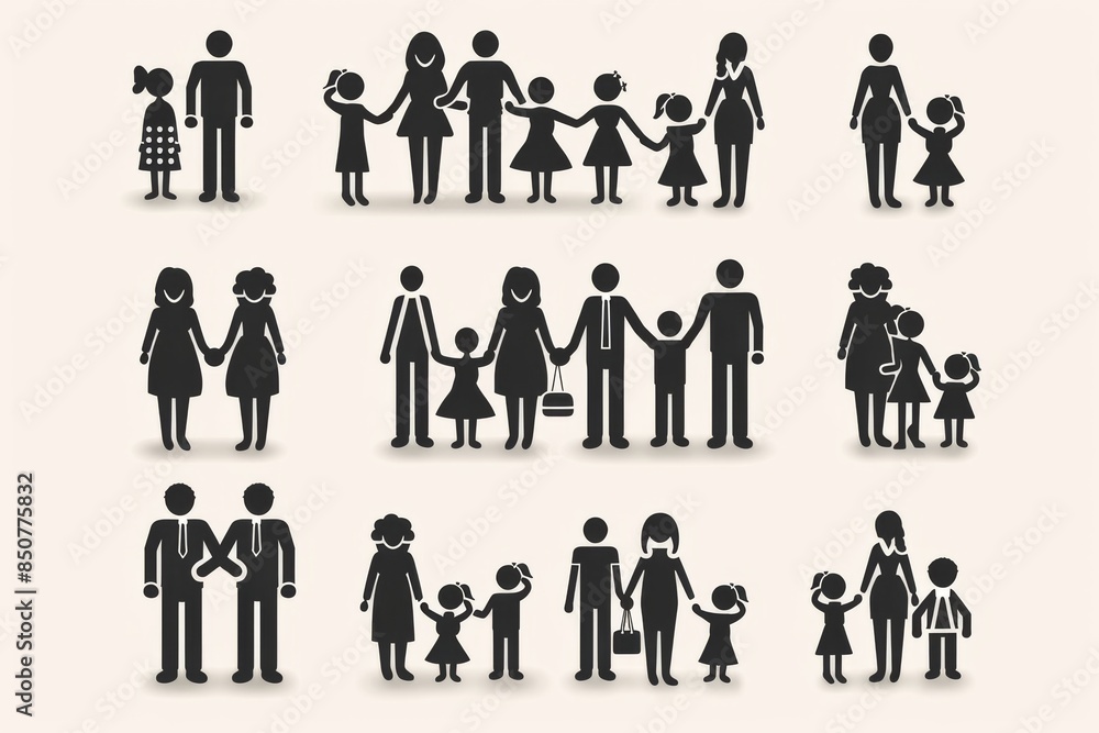 Black silhouettes of various families and couples Black silhouettes of various families and couples