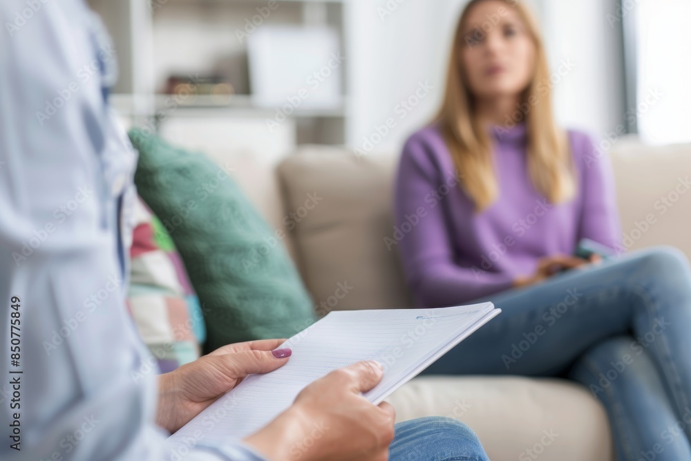 Psychologist taking notes from her new patient who is sitting on a couch telling her situation. Mental health concept Psychologist taking notes from her new patient who is sitting on a couch telling her situation. Mental health concept