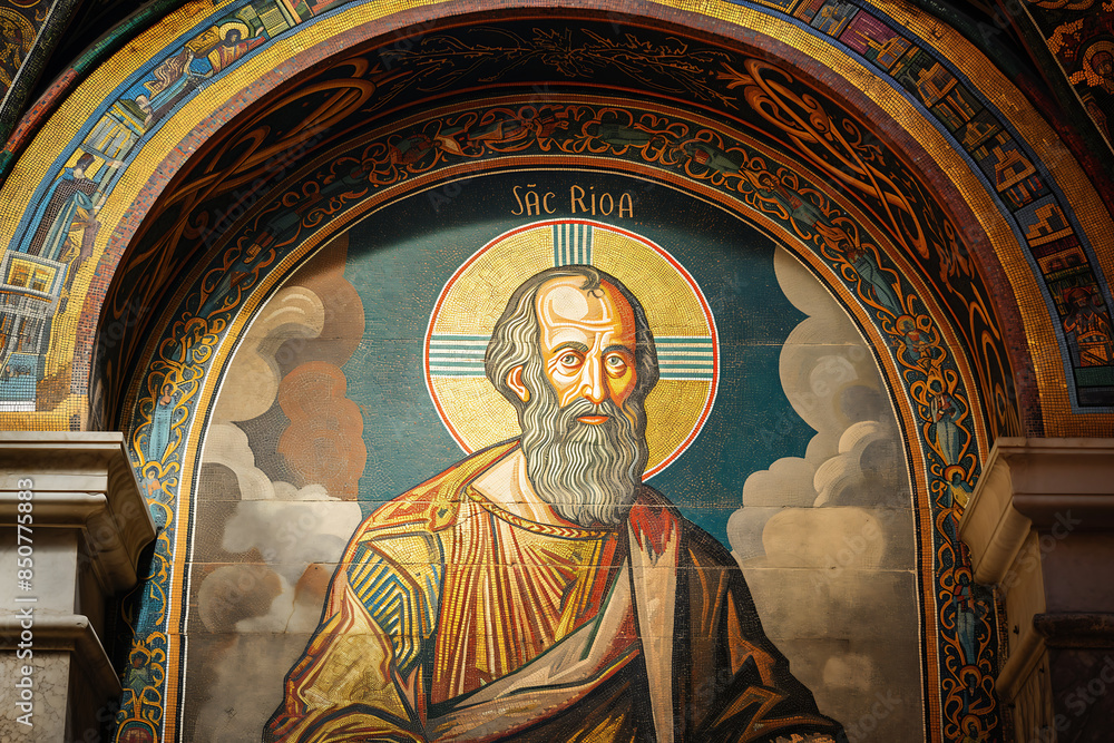 A mosaic of Saint Paul, adorning the apse of a cathedral or basilica, with vivid colors and geometric patterns, depicting his martyrdom and legacy as an apostle to the Gentiles A mosaic of Saint Paul, adorning the apse of a cathedral or basilica, with vivid colors and geometric patterns, depicting his martyrdom and legacy as an apostle to the Gentiles