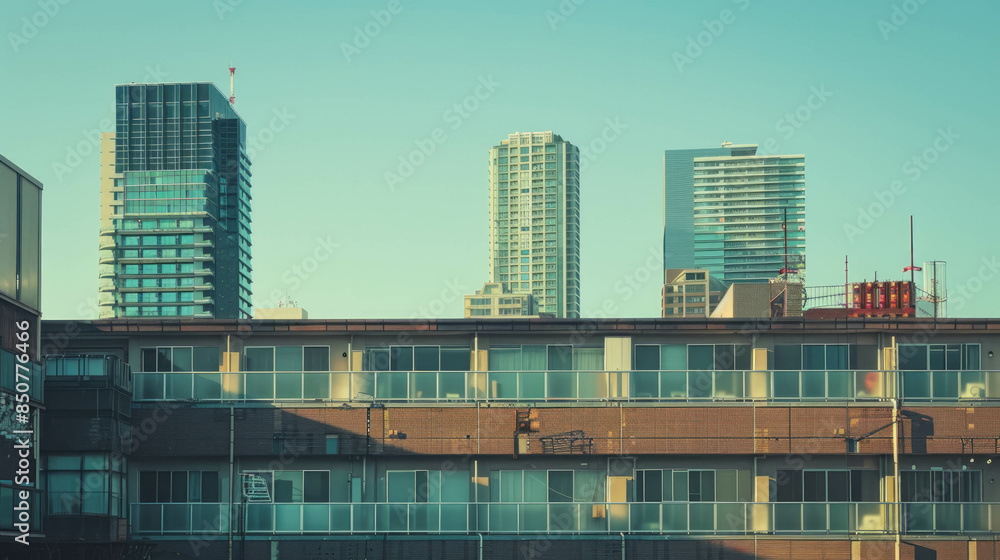 A photograph of a modern building in the distance, featuring an artistic composition and urban skyline with AI generative.