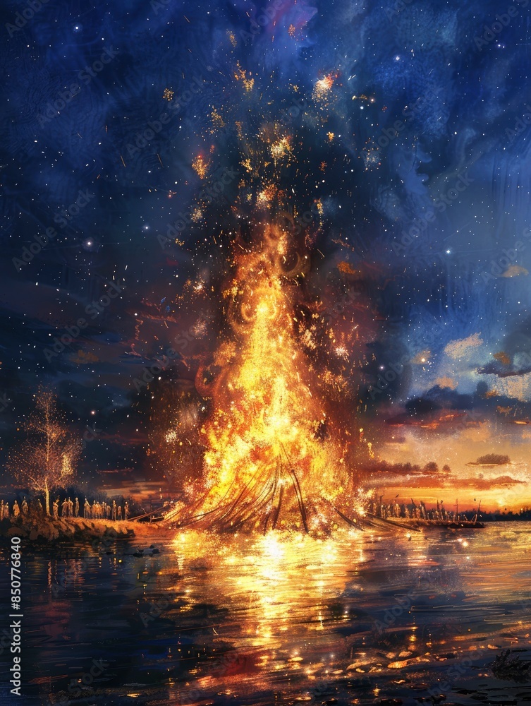 Huge bonfire on the river bank at night, summer solstice festival, sparks flying upwards, starry sky Huge bonfire on the river bank at night, summer solstice festival, sparks flying upwards, starry sky