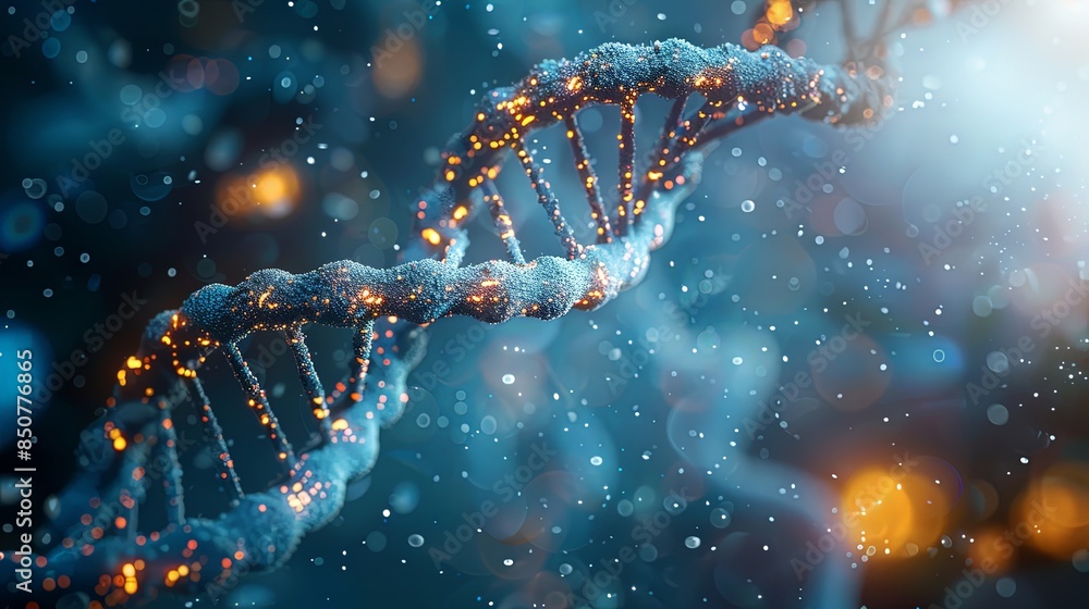 A vibrant 3D rendering of a sparkly DNA molecule, hinting at themes of genetic research and biotechnology A vibrant 3D rendering of a sparkly DNA molecule, hinting at themes of genetic research and biotechnology