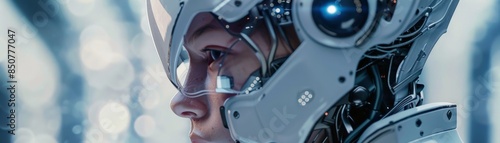 Side profile of a futuristic humanoid robot with advanced technology and cybernetic enhancements in a high-tech environment.