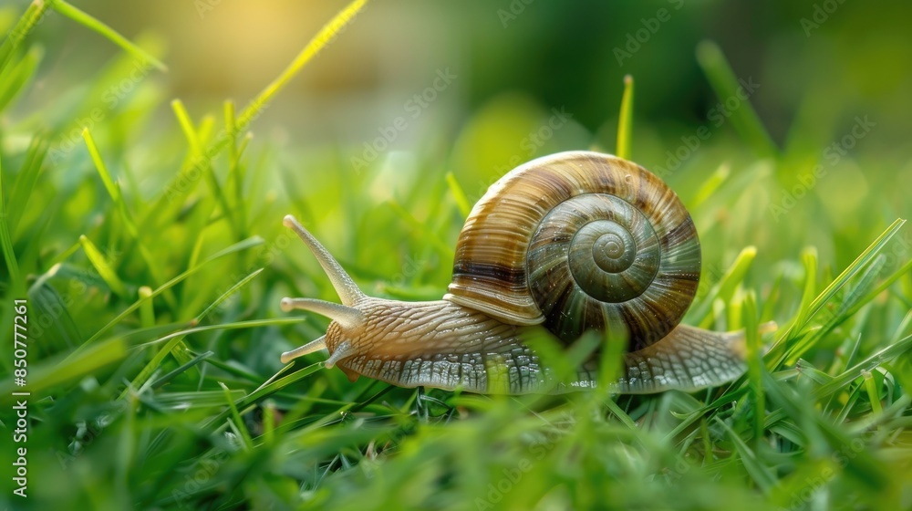 Snail moving in garden grass with shallow depth of field close up macro shot with natural background Snail moving in garden grass with shallow depth of field close up macro shot with natural background