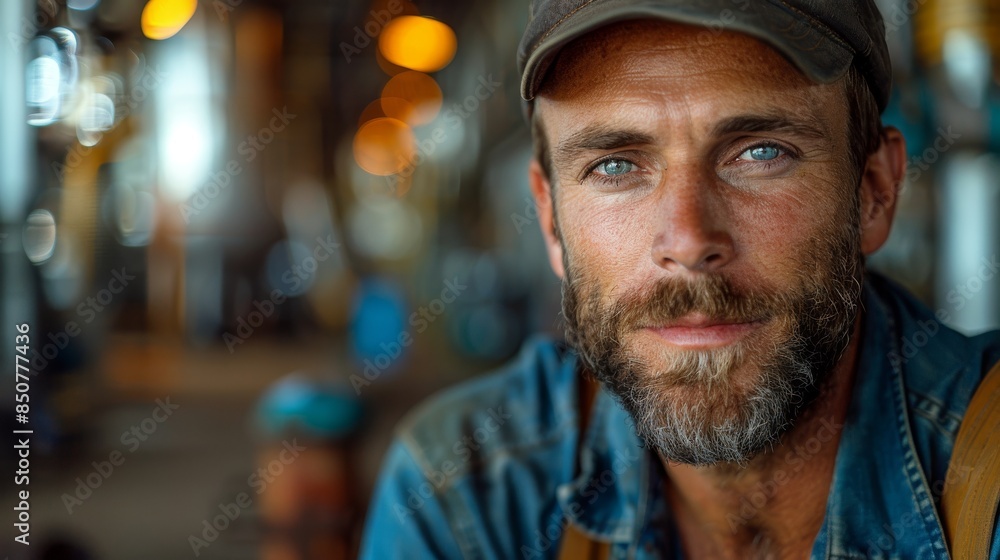 A middle-aged man with a contemplative look on his face poses in a workshop setting A middle-aged man with a contemplative look on his face poses in a workshop setting