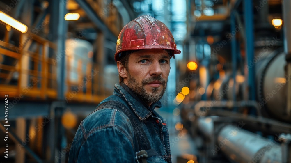 A rugged worker in a red hard hat stands in an industrial plant, representing skilled labor A rugged worker in a red hard hat stands in an industrial plant, representing skilled labor