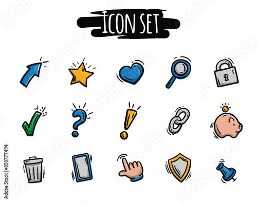 Set of colored, hand drawn icons related to communication, social media. Vector elements for website, design