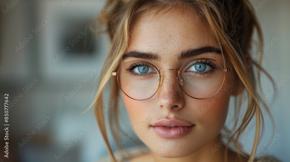 Striking close-up of a woman with clear blue eyes and glasses Striking close-up of a woman with clear blue eyes and glasses