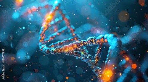 An artistic 3D illustration of a DNA helix with colorful light effects and blue background
