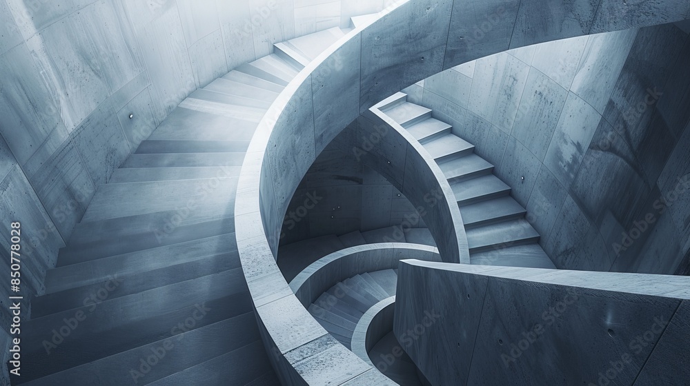 Fototapeta premium Spiral staircases in modern architecture featuring minimalist design, abstract patterns, and clean lines in monochromatic tones.