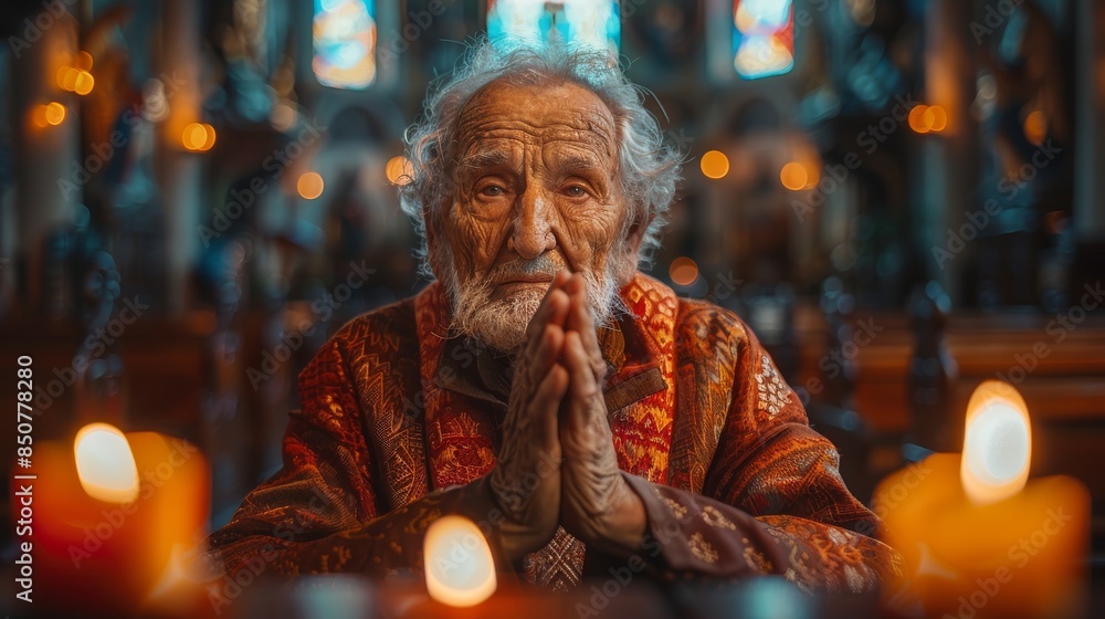 Elderly man praying with deep expression in a spiritual environment Elderly man praying with deep expression in a spiritual environment