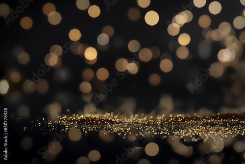 Black background for luxury style advertisement. Gold glitters and bokeh lights on black background