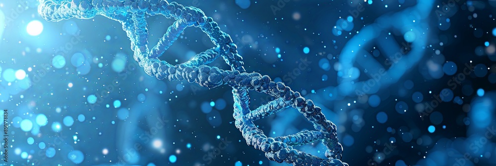 The image showcases a digital depiction of a DNA molecule, highlighted in blue tones to emphasize its iconic helical shape The image showcases a digital depiction of a DNA molecule, highlighted in blue tones to emphasize its iconic helical shape