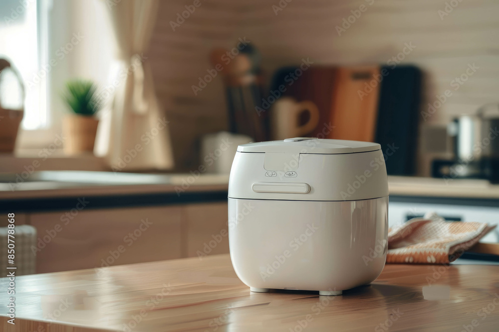 This image features a rice cooker on the kitchen table, emphasizing the appliance's role in efficient home cooking and its sleek, contemporary design, AI generative. This image features a rice cooker on the kitchen table, emphasizing the appliance's role in efficient home cooking and its sleek, contemporary design, AI generative.