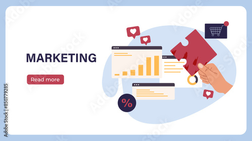 Marketing on internet poster. Hand with puzzles next to graphs. Internet promotion and electronic commerce. Landing webpage design. Cartoon flat vector illustration isolated on blue background