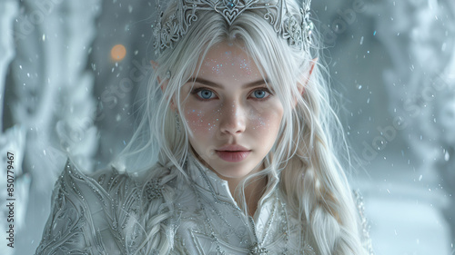 Elven princess with a crown on her head and white hair braided in braids