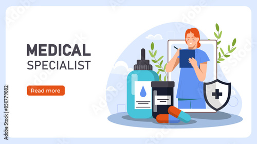 Medical specialist poster. Woman with medicines and tablet. Doctor writes prescription. Healthcare and medicine, treatment. Landing webpage design. Cartoon flat vector illustration