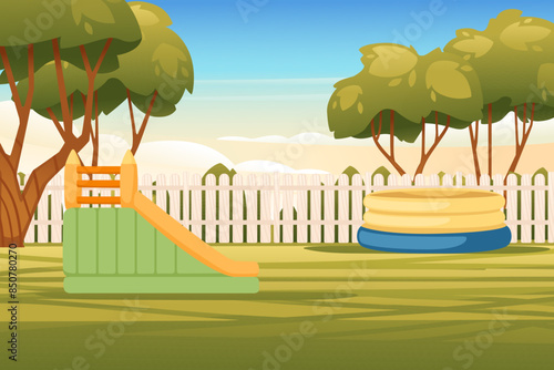 Playground park for kids with inflatable bouncy castle vector illustration with city park landscape