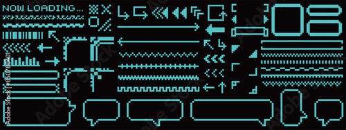 サイバーパンクなドット絵のフレームと装飾セット　ブルー