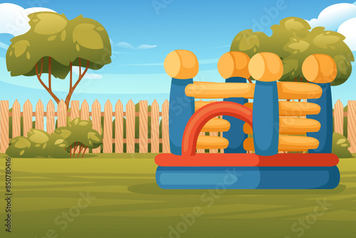 Playground park for kids with inflatable bouncy castle vector illustration with city park landscape
