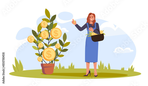 Woman with money tree. Young girl with basket near plant with gold coins. Concept of financial literacy and passive income. Investor and trader, businesswoman. Cartoon flat vector illustration