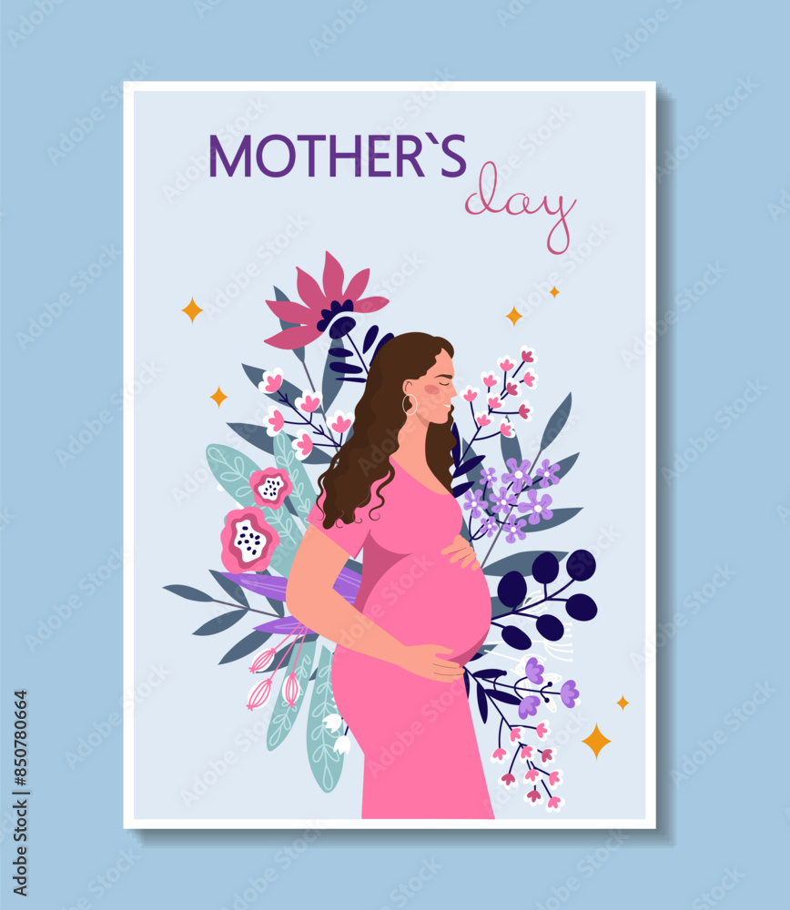 Mothers day poster. Pregnant woman stands next to tropical plants. Motherhood and childhood. International holiday and festival 11 May. Cartoon flat vector illustration isolated on blue background Mothers day poster. Pregnant woman stands next to tropical plants. Motherhood and childhood. International holiday and festival 11 May. Cartoon flat vector illustration isolated on blue background