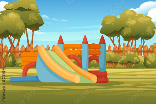 Playground park for kids with inflatable bouncy castle vector illustration with city park landscape