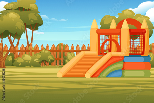 Playground park for kids with inflatable bouncy castle vector illustration with city park landscape