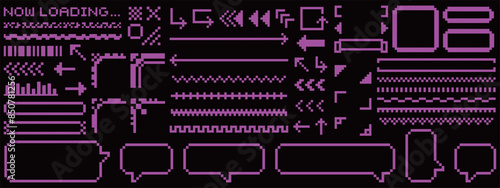 サイバーパンクなドット絵のフレームと装飾セット　ピンク