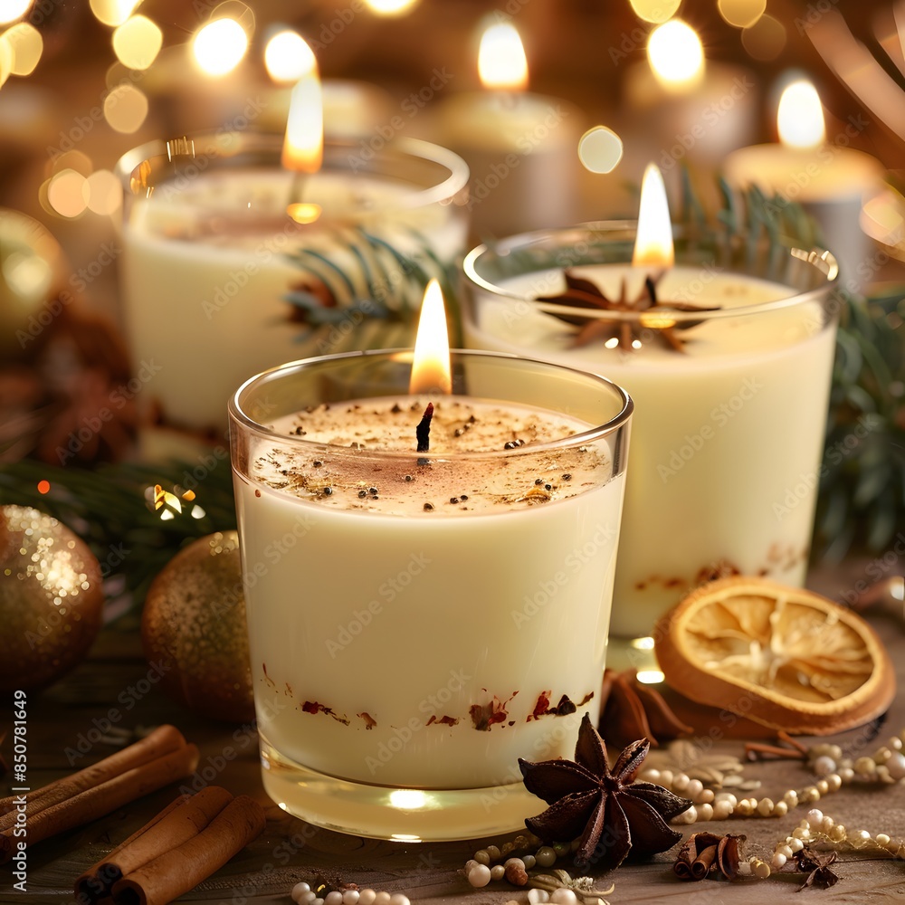 Christmas still life featuring a candle, coffee, and festive decorations Christmas still life featuring a candle, coffee, and festive decorations