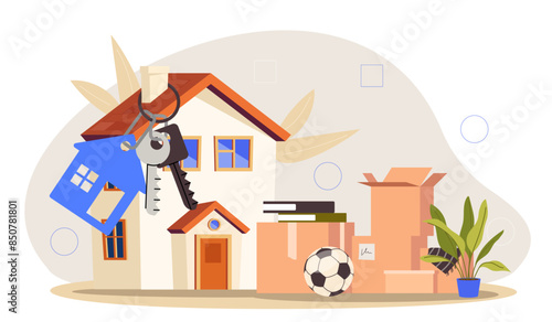 New home concept. Cardboard boxes with things next to large keys and house. Deals with private property and real estate. Relocation and immigration. Cartoon flat vector illustration