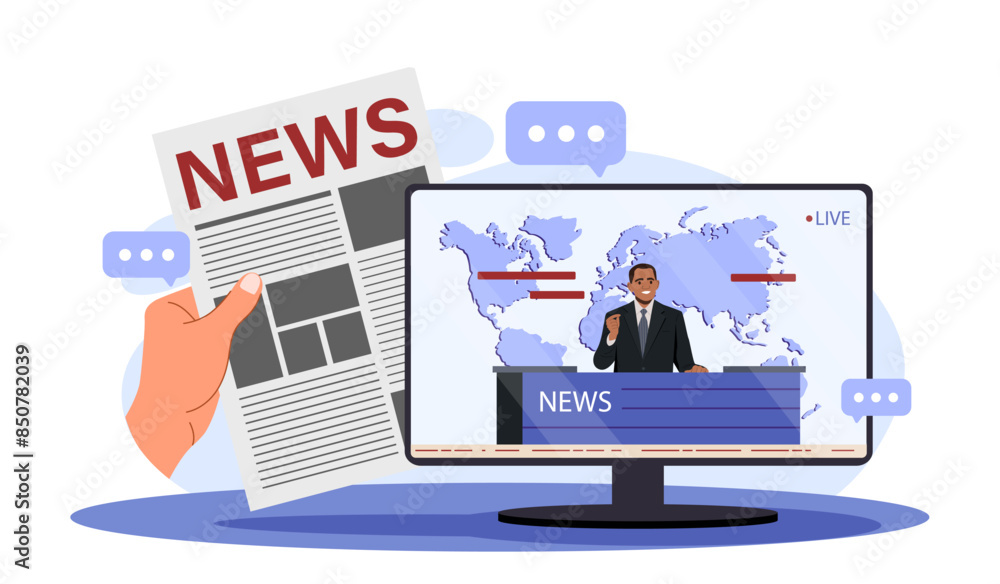 News and newspaper concept. Mass media and information sources. Hand with newspaper near screen with television show host. Cartoon flat vector illustration isolated on white background News and newspaper concept. Mass media and information sources. Hand with newspaper near screen with television show host. Cartoon flat vector illustration isolated on white background