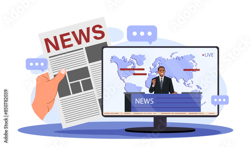News and newspaper concept. Mass media and information sources. Hand with newspaper near screen with television show host. Cartoon flat vector illustration isolated on white background