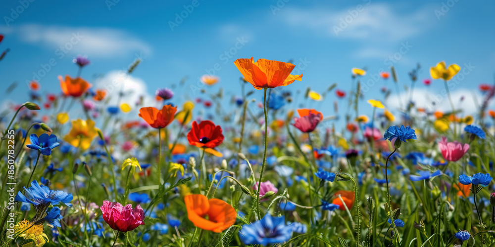 Naklejka premium Vibrant Wildflower Meadow in Full Bloom Under a Clear Blue Sky